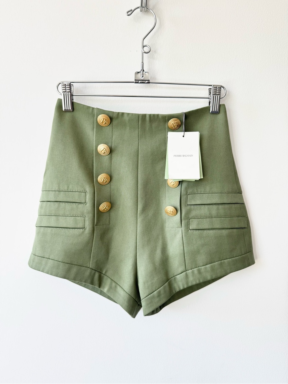 NWT Pierre Balmain Olive Green High-Waist Military Style Button Shorts - Size 34 - Picture 3 of 12